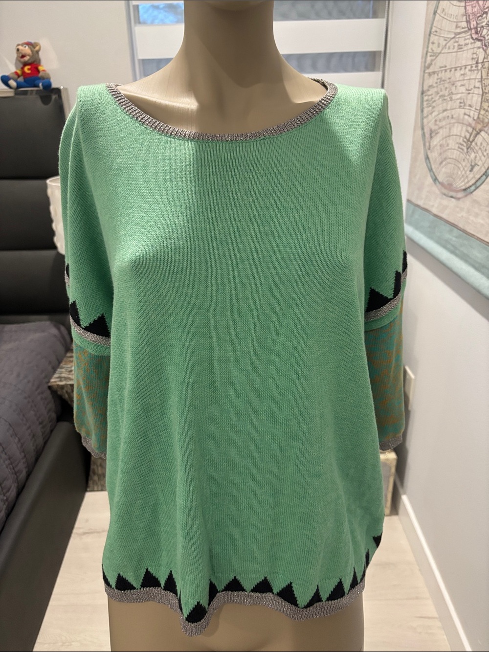 Light Mint Crewneck Sweater with Geometric Trim